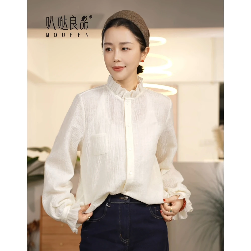 【叭哒不惑】羊毛法式宫廷风衬衫缩绒工艺肌理花边袖秋冬内搭