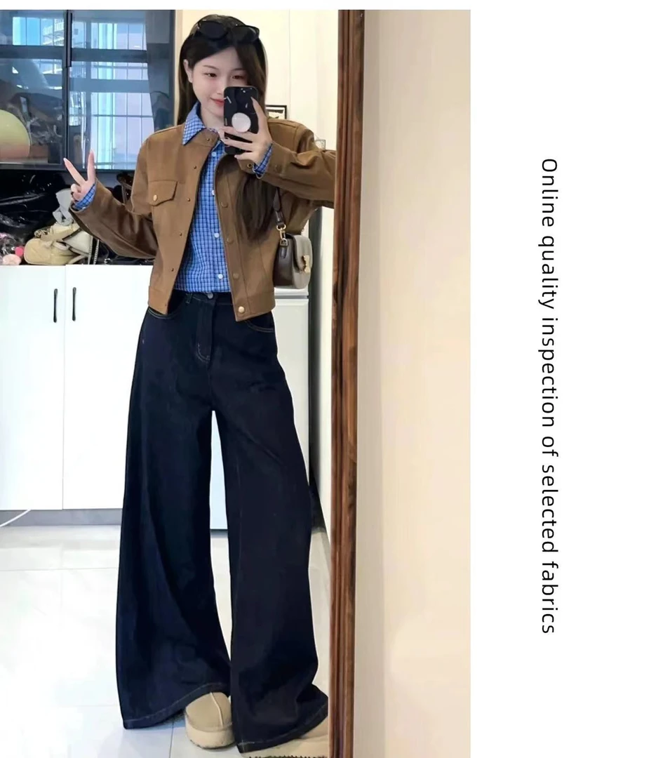 0083 深蓝高腰阔腿牛仔裤女秋复古宽松显瘦慵懒直筒休闲裤