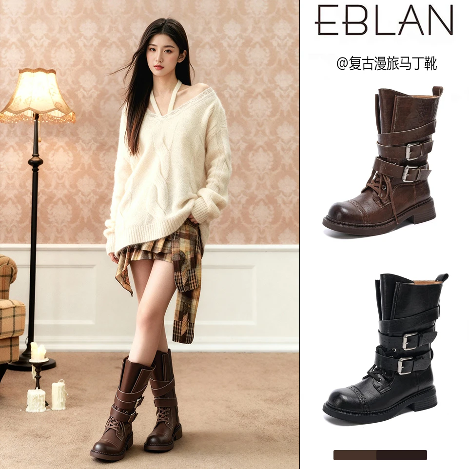 EBLAN/伊伴复古厚底马丁靴女2025冬季新款机车中筒靴加绒西部靴子