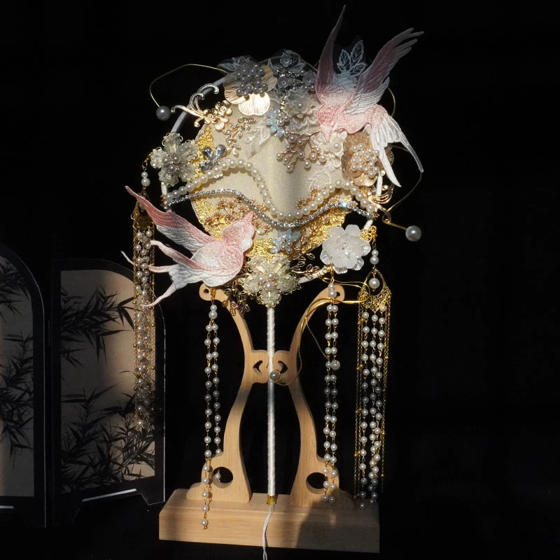 原创手工DIY香槟色团扇新娘结婚喜扇闺蜜新婚礼物中式婚礼遮面扇