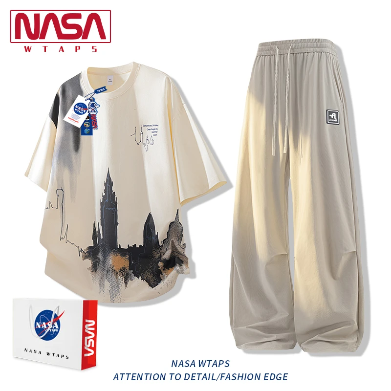NASA WTAPS大男孩慵懒风冰丝短袖休闲运动套装男夏季中国风两件套