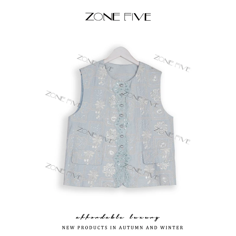 “天丝+亚麻”【zonefive】国风提花马甲短外套轻奢法式设计师25082