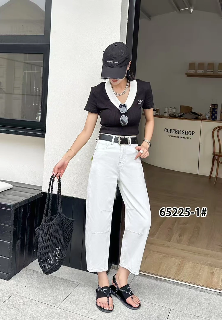 65225-1Z老钱灰色小众拼接宽松牛仔弯刀裤高腰弹力