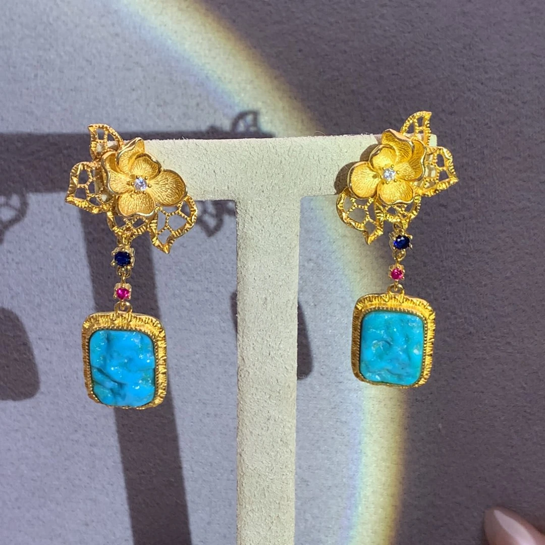 银S925镀金镶嵌绿松石耳环