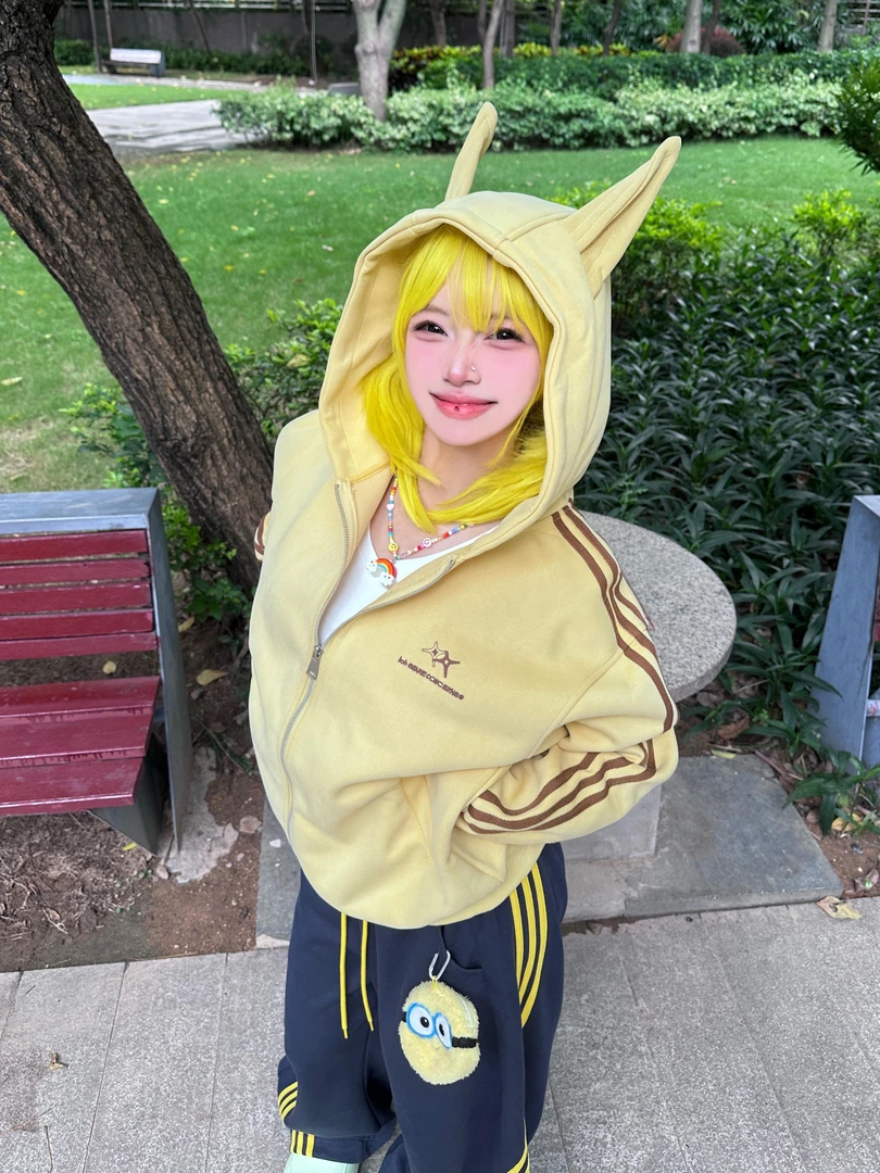 美式小恶魔耳朵连帽条纹卫衣可爱创意百搭情侣宽松拉链小众外套酷