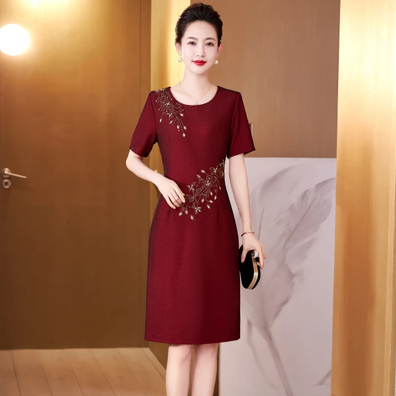 夏季小个子喜婆婆喜妈妈婚宴装旗袍裙高贵奢华婚庆礼服酒红色礼服