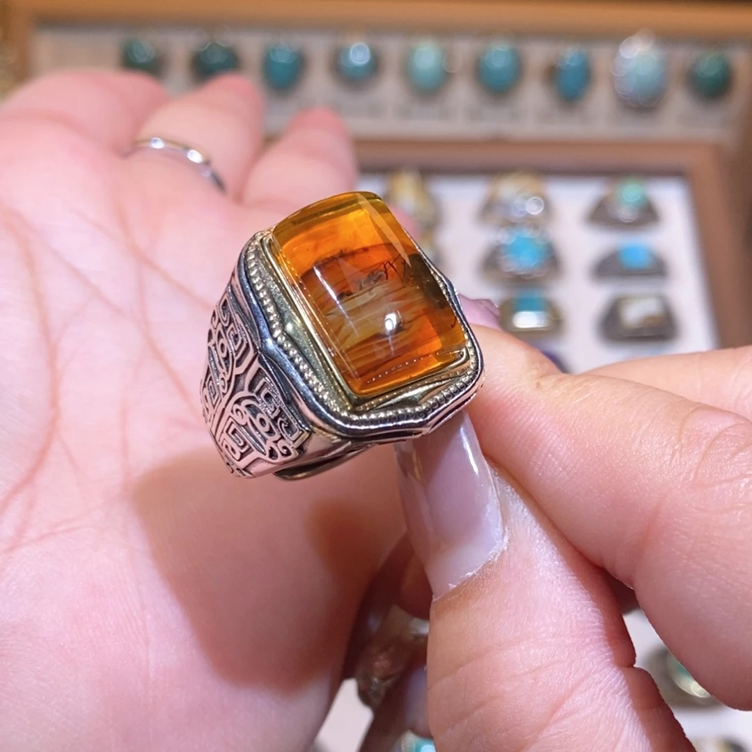 琥珀戒指银S925镶嵌辉*辉戒指