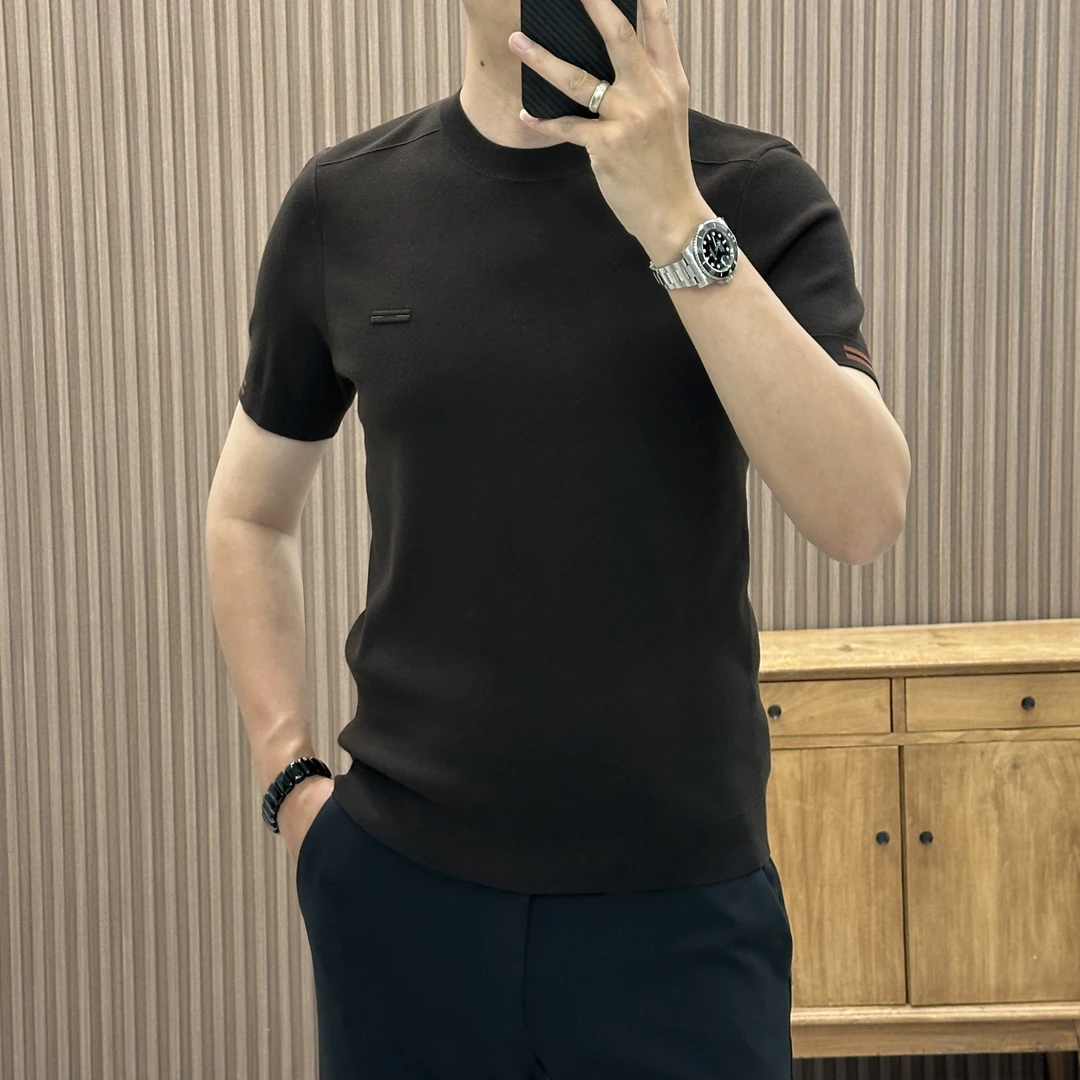 针织秋季短袖圆领纯色针织衫毛衣男士潮流简约商务短袖7388-1