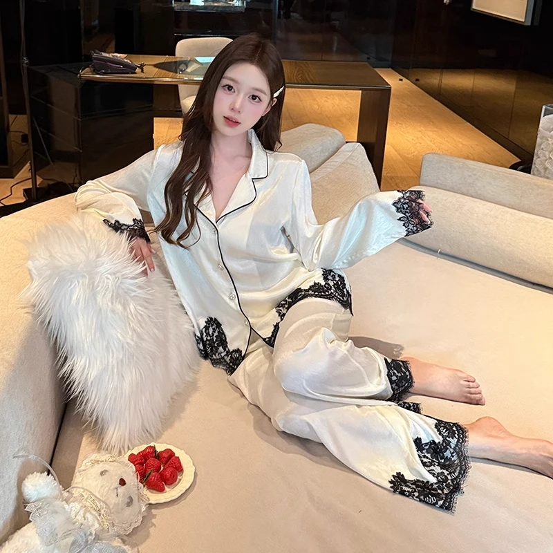 2025新款高级感蕾丝边冰丝睡衣女春秋夏套装可外穿薄款长袖家居服