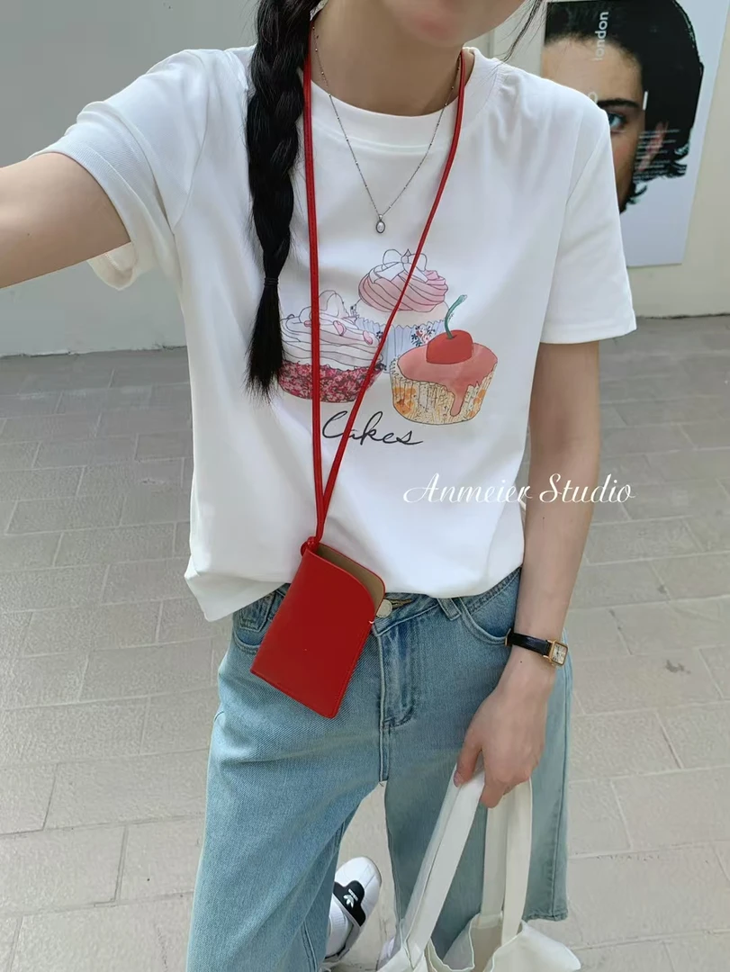 时尚韩版T恤印花宽松打底衫女士圆领休闲风短袖蝴蝶结夏季ins