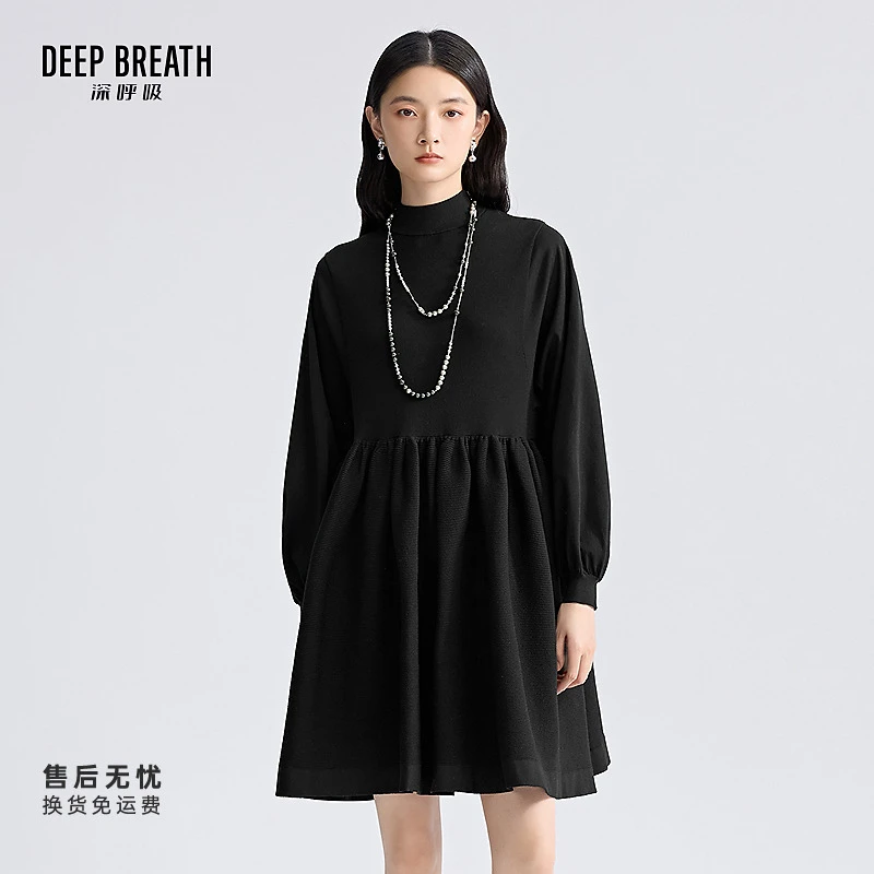 DEEP BREATH深呼吸女装烟管领造型大裙摆针织长袖连衣裙A500503