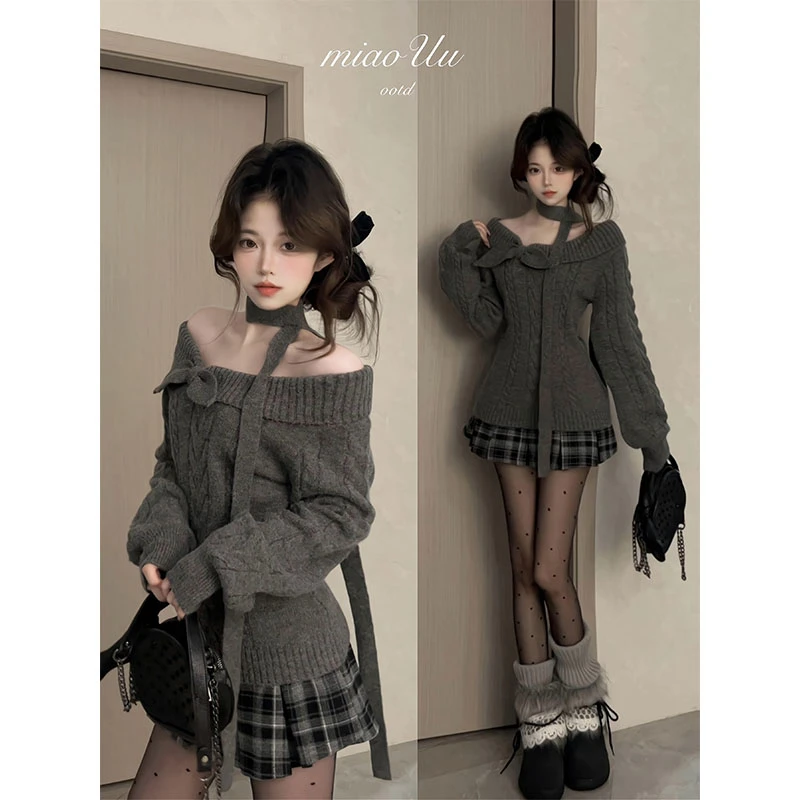 古早毛衣奈奈风早秋学院风兔耳套头收腰针织衫女时尚百搭半身裙