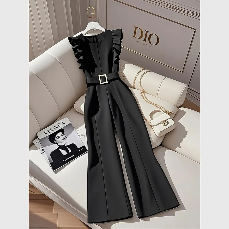 2025超火春装新款黑色背心连体裤大方得体气质名媛减龄独特连衣裤