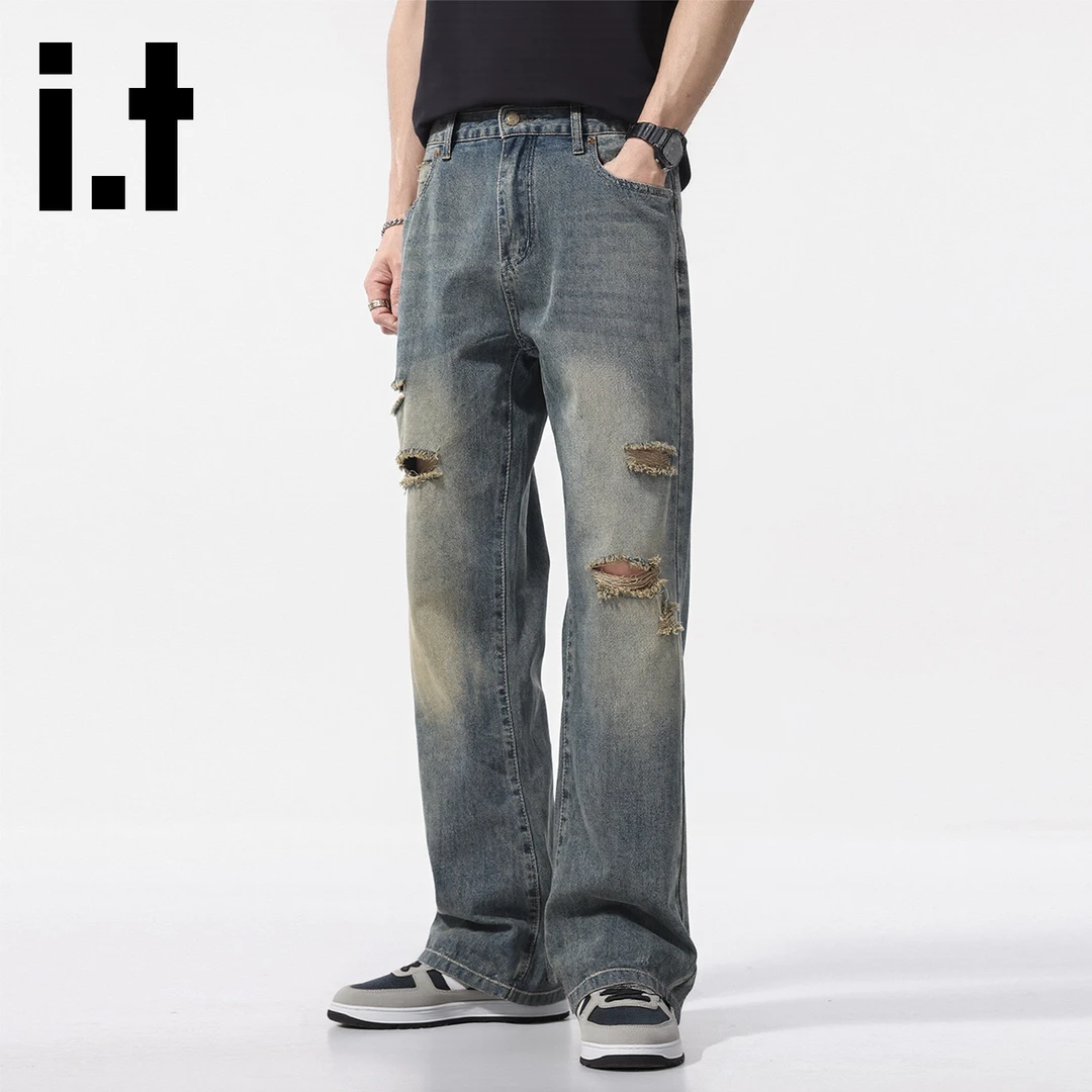 it:CHOCOOLATE美式复古潮流破洞牛仔裤男秋季宽松直筒休闲长裤