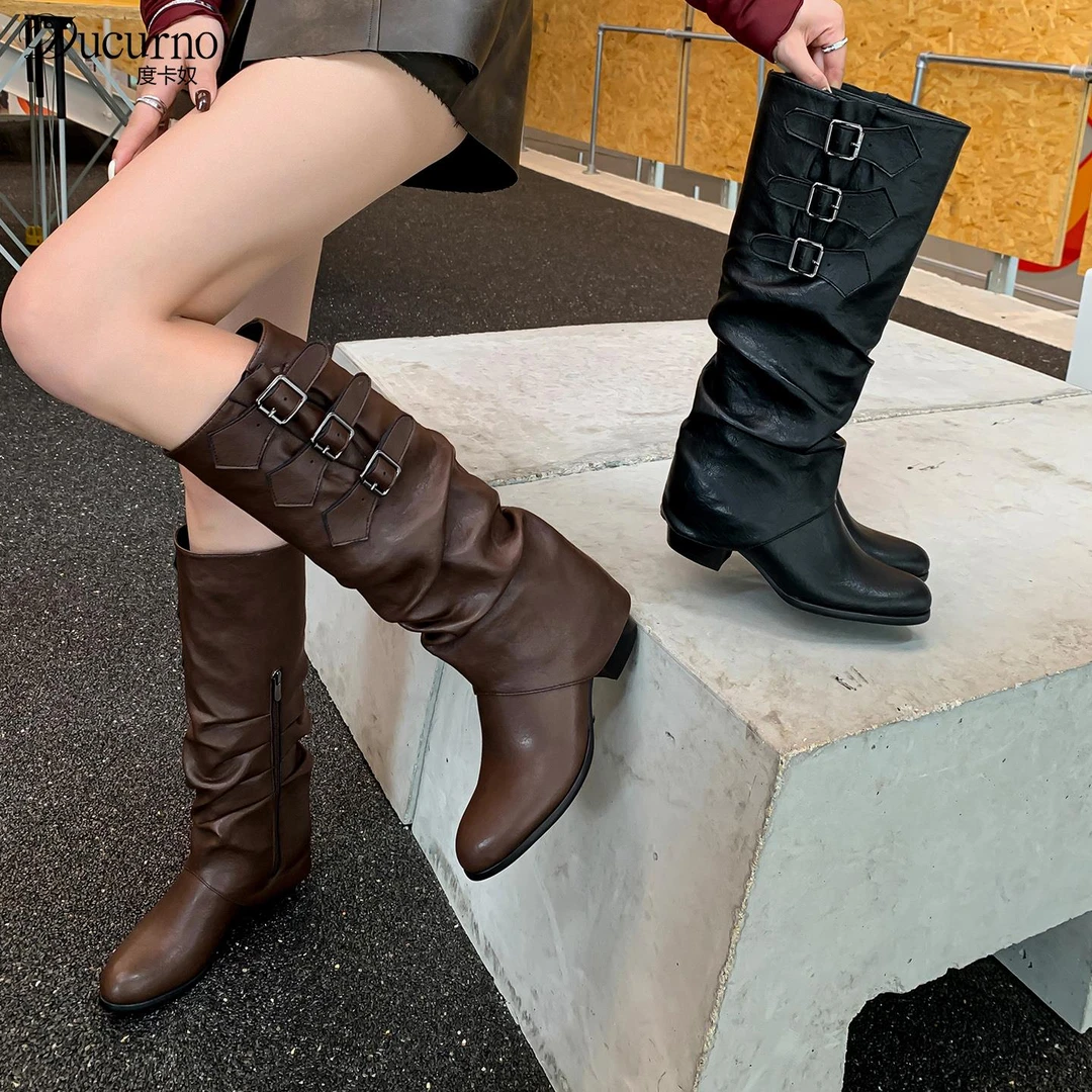 黑色粗跟高筒靴女堆堆靴2025新款圆头显瘦裤管靴皮带扣骑士靴长靴
