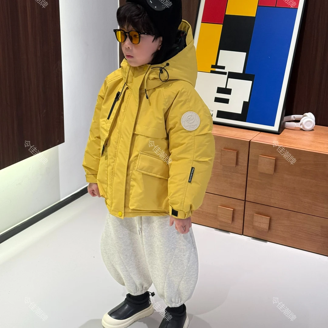 令佳潮牌冬季儿童中性百搭加厚保暖连帽杜邦三防黄色棉袄3267