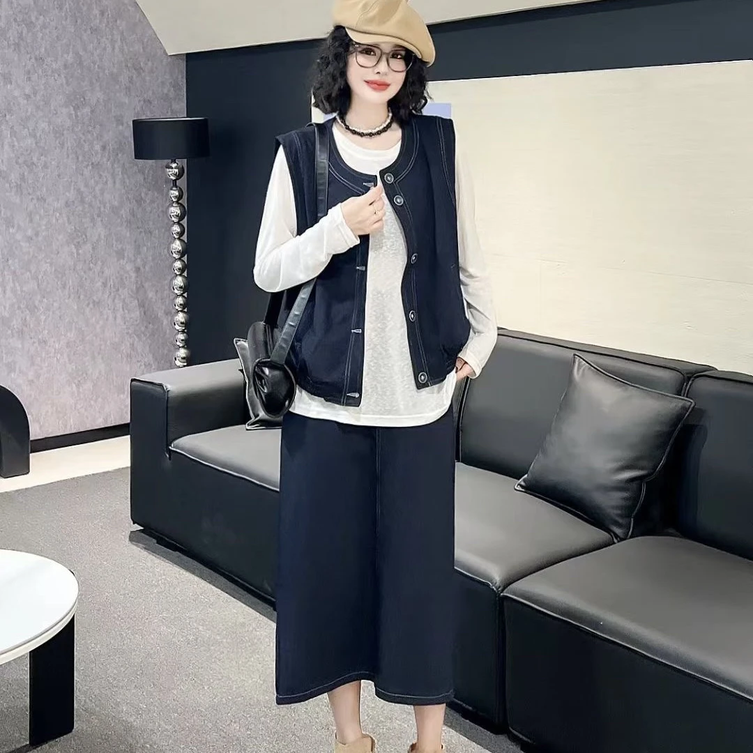 牛仔套装半身裙马甲T恤三件套女遮肉显瘦时尚休闲百搭宽松大码女