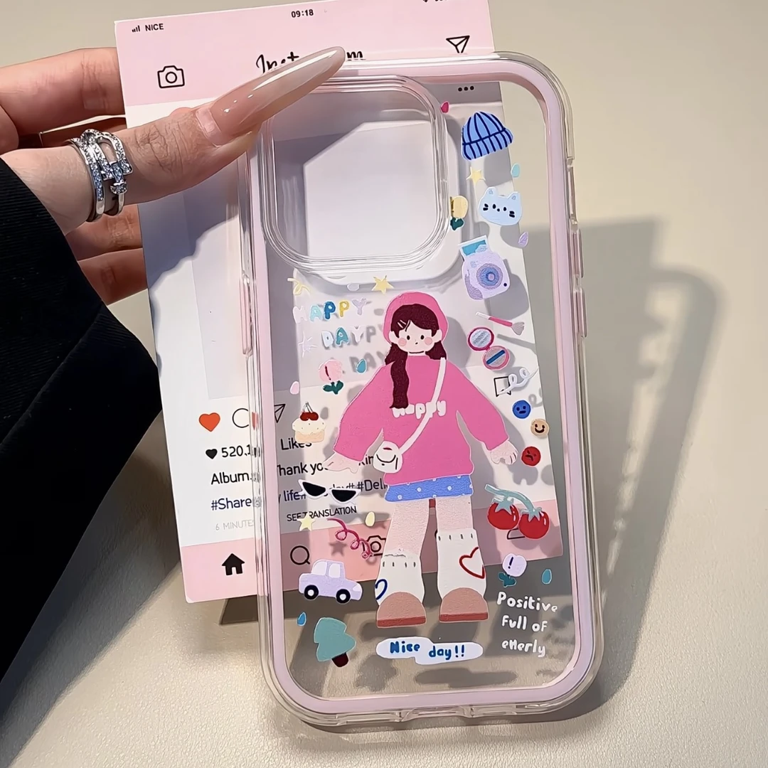 ins可爱女孩插画适用iPhone16promax苹果13新款15/14手机壳12软11