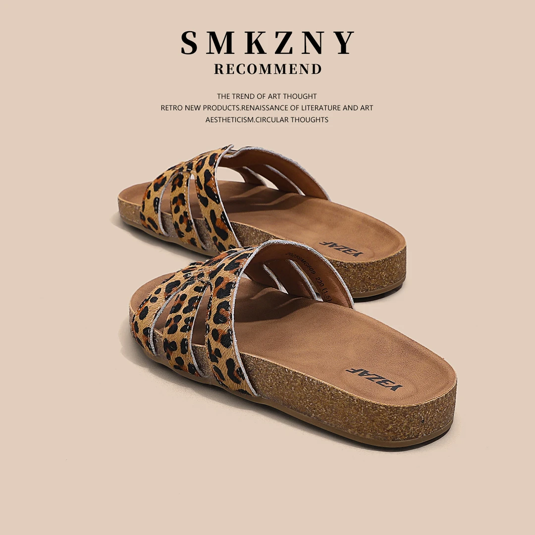 SMKZNY豹纹厚底一字拖鞋女夏外穿时尚夏季百搭真皮休闲沙滩凉拖鞋