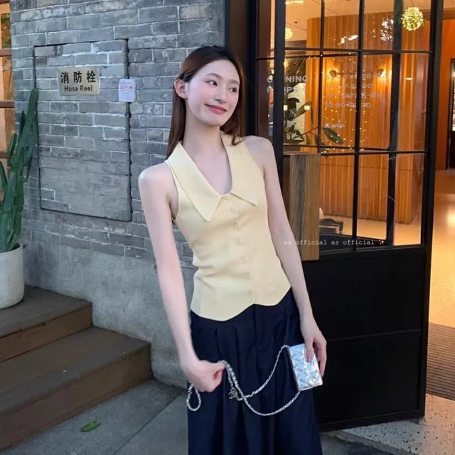 夏季多巴胺穿搭法式翻领黄色冰丝针织背心女外穿修身短款无袖上衣