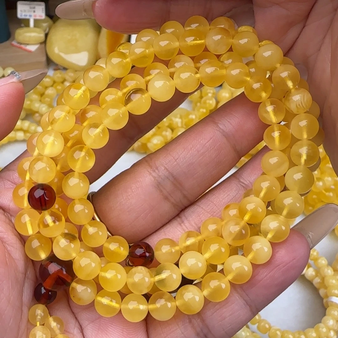 蜜蜡未镶嵌手链鸡油黄聚宝盆佛珠