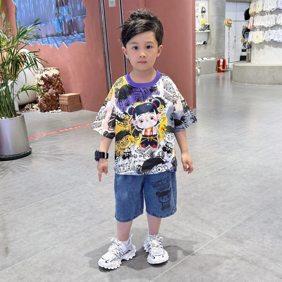 男童夏季短袖套装2025新款儿童哪吒服装小男孩夏装帅气时髦两件套