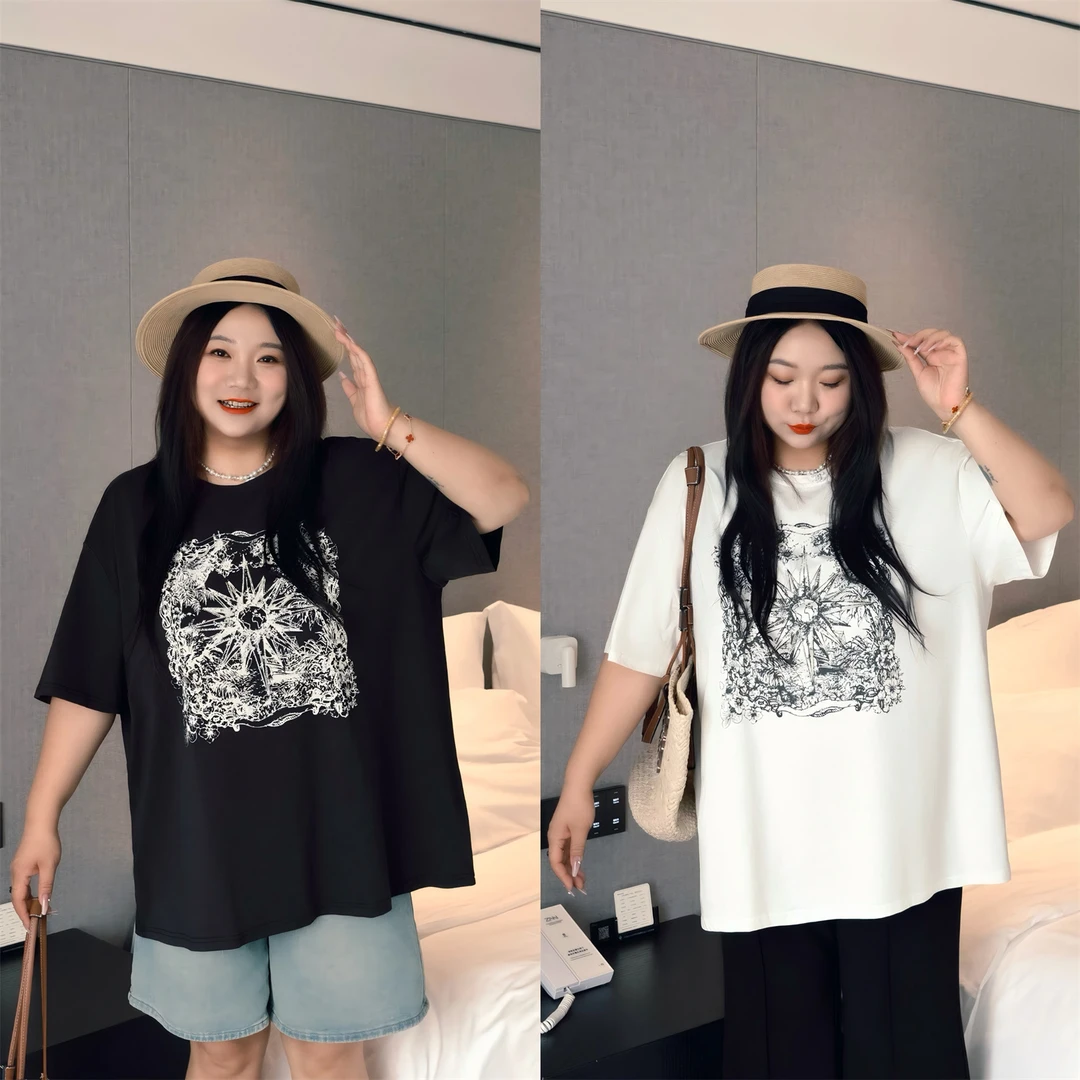 大码女装夏季宽松减龄花契200斤胖mm秀场款复古印花烫钻t恤 4313