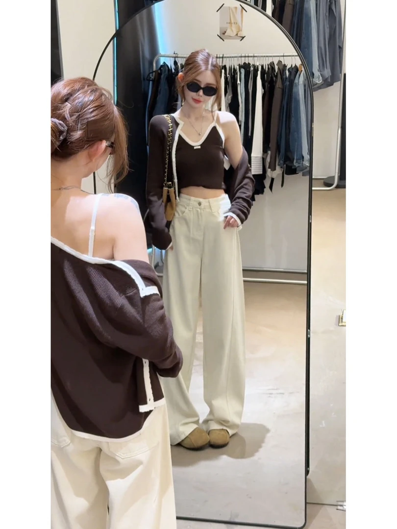 韩系温柔风休闲上衣两件套2025秋季新款吊带背心开衫外套简约女装