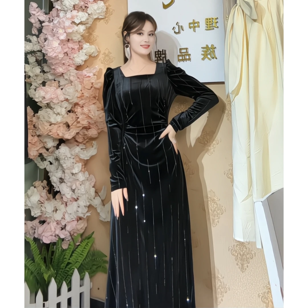 9866【包邮】方领时尚丝绒烫钻女装连衣裙