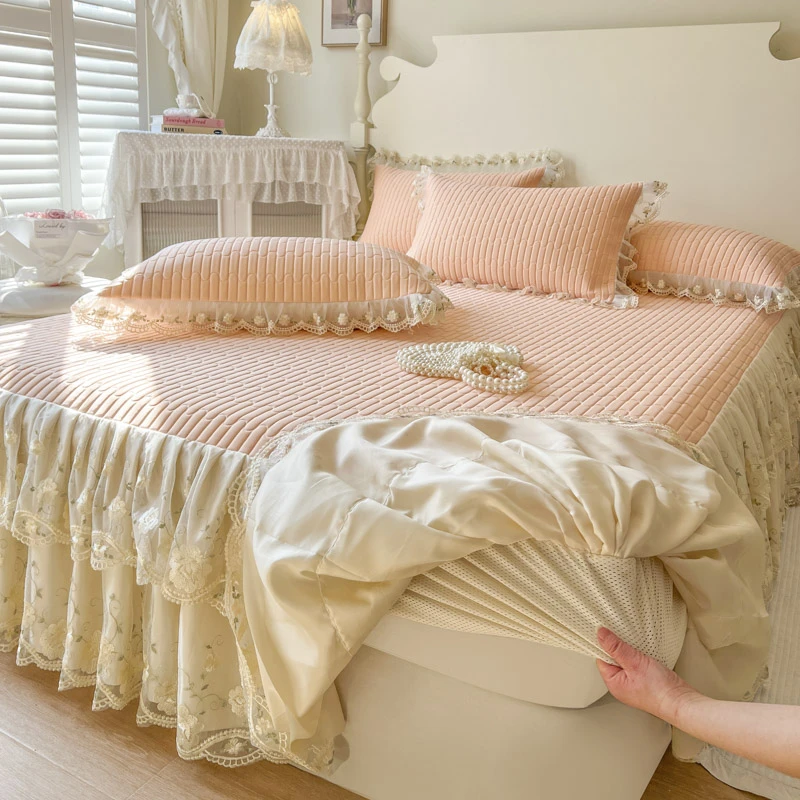 夏季爆款冰丝凉席床笠床裙二合一公主风蕾丝花边夏天空调软席床罩
