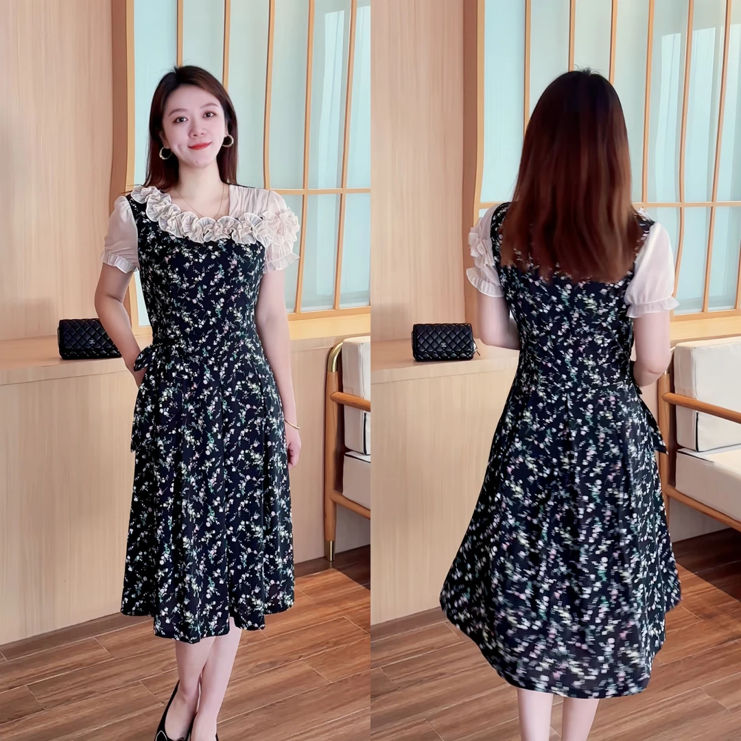 百花果2025夏季新款拼接假两件女格子连衣裙遮肉显瘦百搭气质