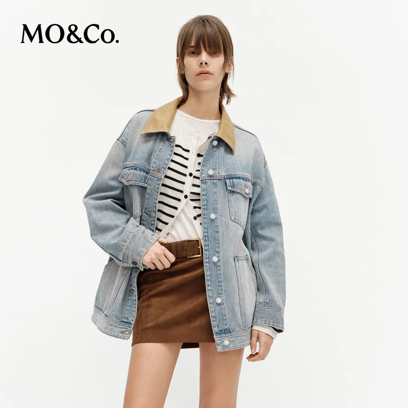 MOCO夹克2025新品棉质素皮领宽松美式复古牛仔外套MBE1JKTT01