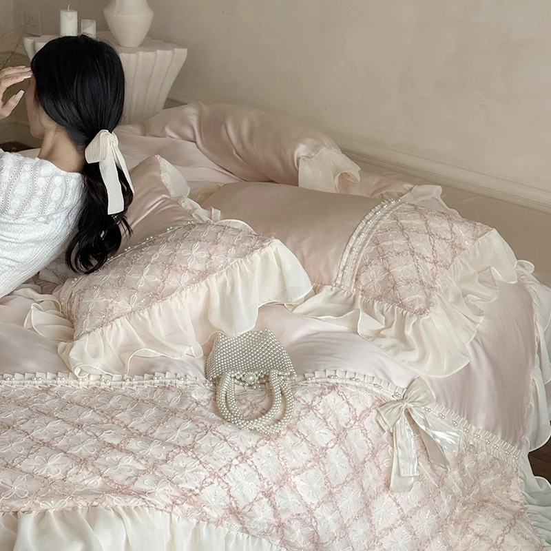 【爱莎】法式浪漫公主风蕾丝玫瑰花边松弛感兰精天丝套件四件套
