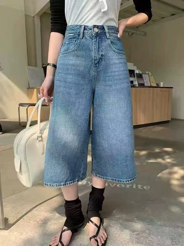 73001女士欧货蓝色复古七分阔腿牛仔裤