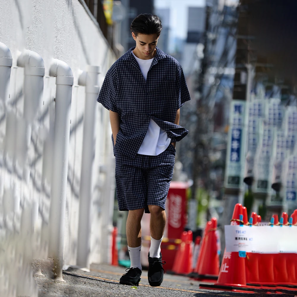 BENT IDEA夏季新款 日系复古泡泡纱格子夏威夷短袖衬衣