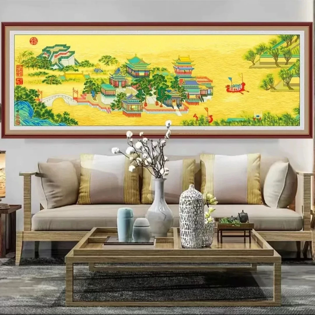 2.3大格纯手工绣好的十字绣成品561金池清明上河图客厅装饰挂画