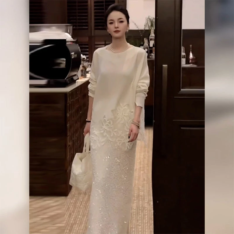 重要场合名媛气质轻奢高级感上流社会小香风白色亮片连衣裙套装春