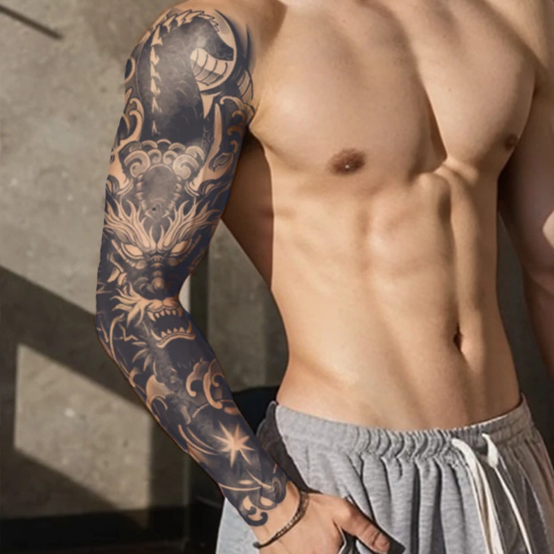 传统东方纹身|全臂神龙宝珠草本果汁纹身贴防水持久男不反光花臂