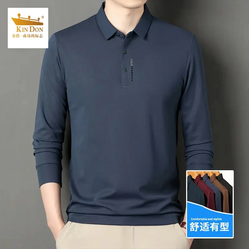 金盾春秋季长袖翻领POLO衫商务高档休闲中年百搭男士T恤打底上衣