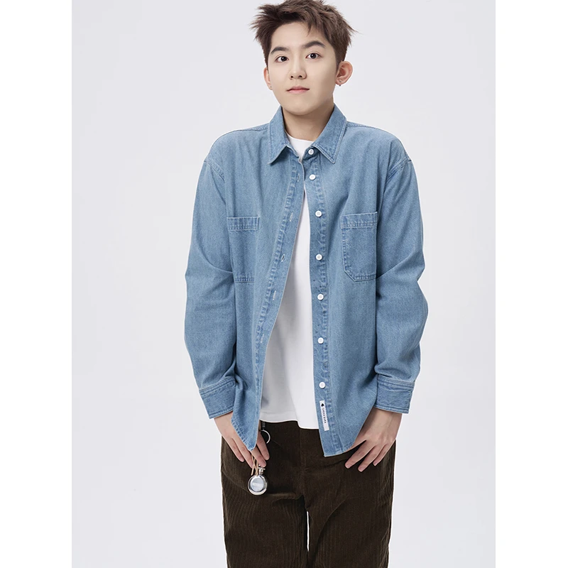 Cookawu秋冬厚款复古水洗蓝宽松长袖牛仔衬衫中性双口袋衬衣