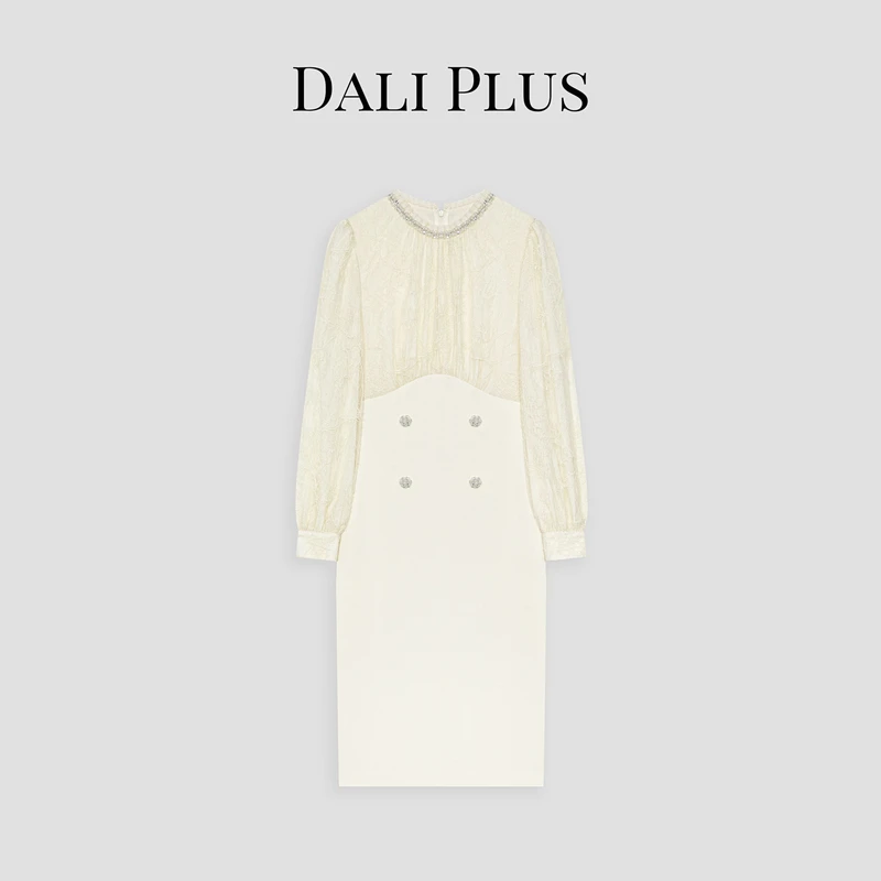 DALI PLUS珍珠蕾丝复古千金感气质拼接连衣裙-D4XL0100