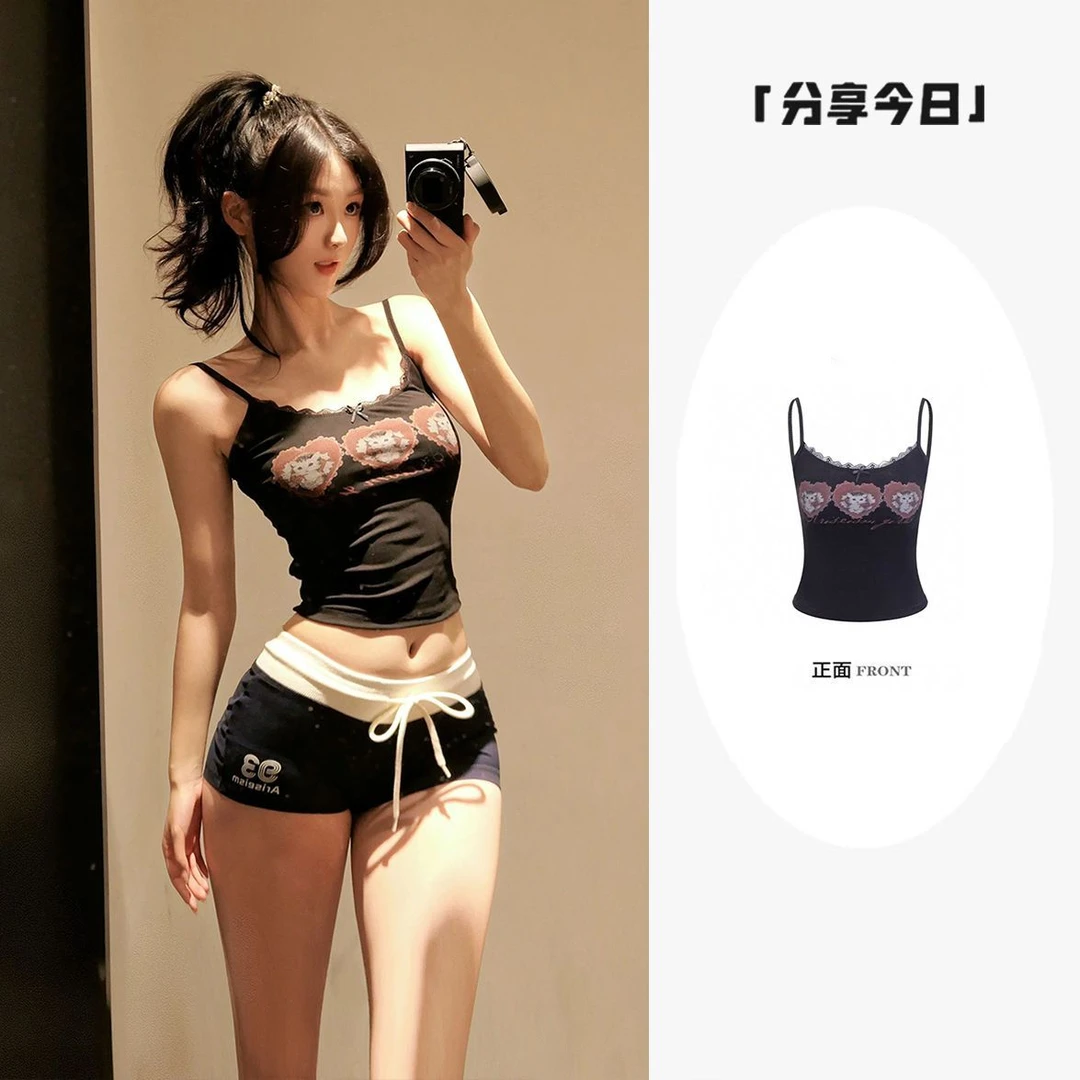 黑色印花吊带背心女夏季外穿纯欲热辣显身材小个子短款打底上衣潮