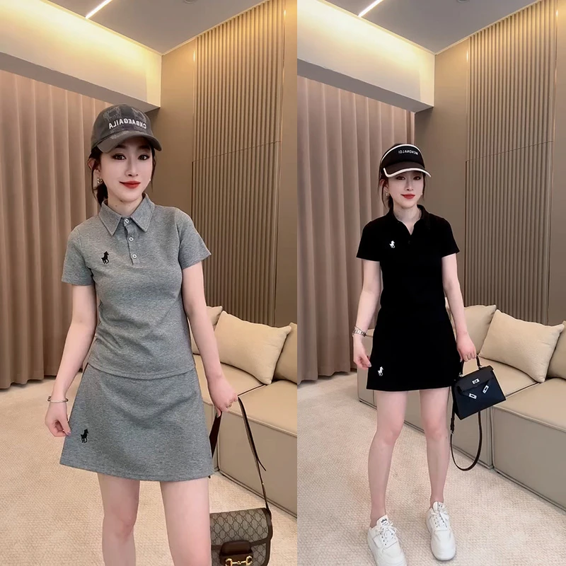 休闲套装女夏季新款液态棉刺绣小马短袖POLO衫松紧五分裤裙两件套