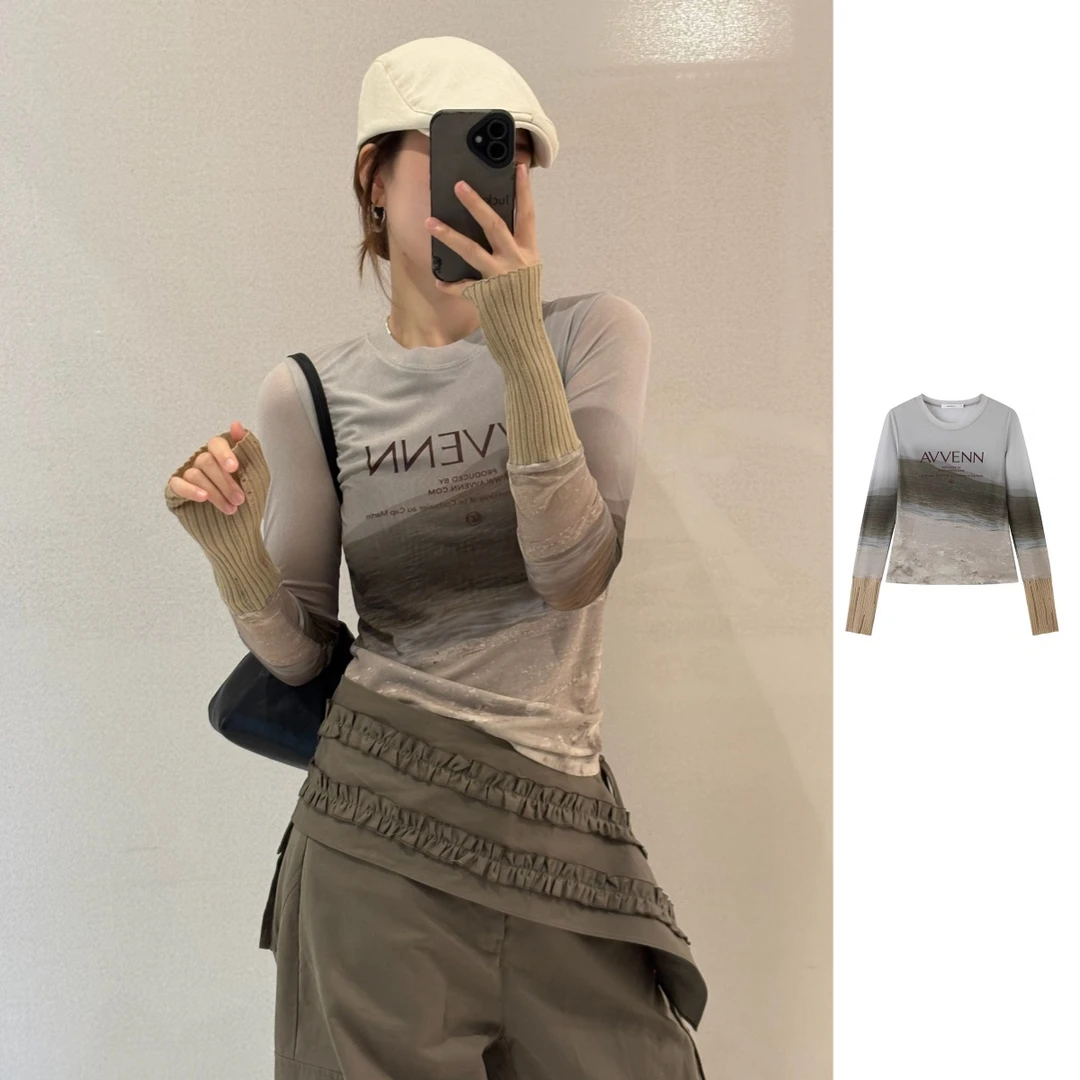 AVVENN  25新品设计师复古晕染拼色圆领长袖T恤上衣女