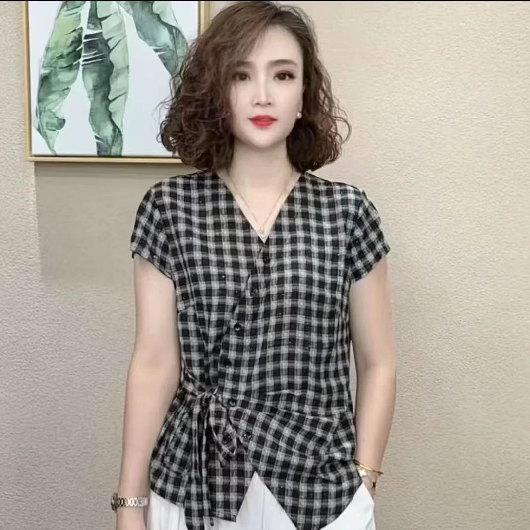 夏季新款女士格子气质印花V领短袖优雅收腰上衣T恤时尚洋气百搭