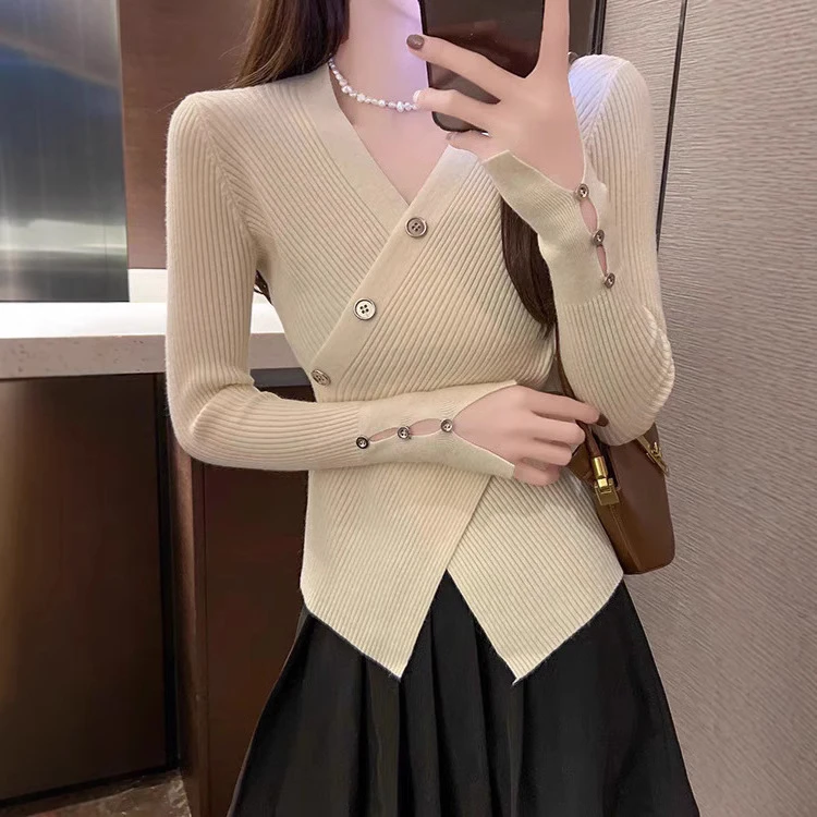 不规则v领针织衫秋冬洋气毛衣小香风内搭修身时尚百搭气质衣服