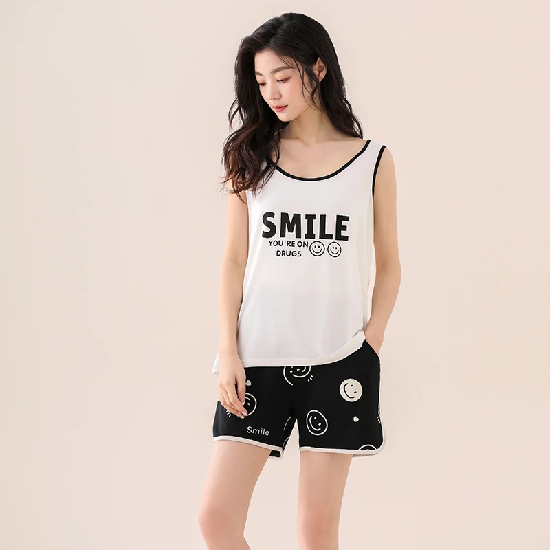 女士薄款夏季短裤无袖睡衣家居服套装运动时尚宽松白色套装23143