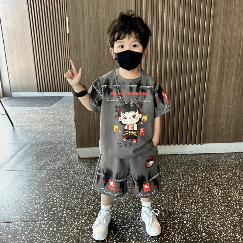 夏天儿童夏季哪吒童装男童韩版休闲薄款中大童短袖运动套装夏装