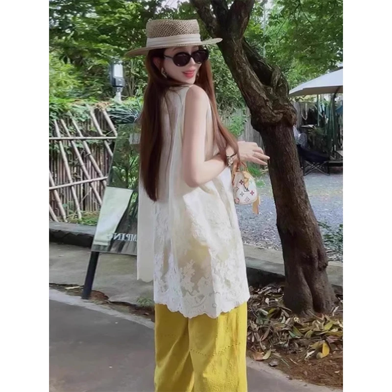韩系气质蕾丝无袖上衣女夏季2025新款显瘦百搭松紧腰阔腿裤两件套