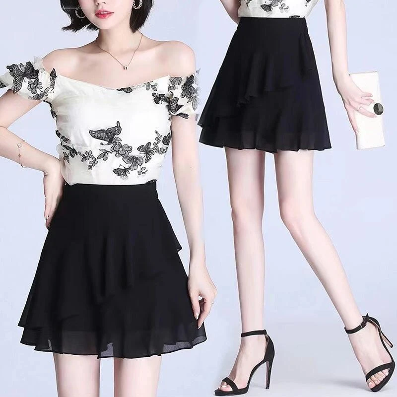 黑色雪纺短裙裙裤蛋糕裙半裙a字裙裙子蓬蓬裙半身裙女百褶裙裤裙